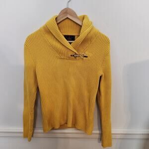 Ralph Lauren Sweater Sz Large Womens Mustard Yellow Ribbed Shawl Collar Preppy